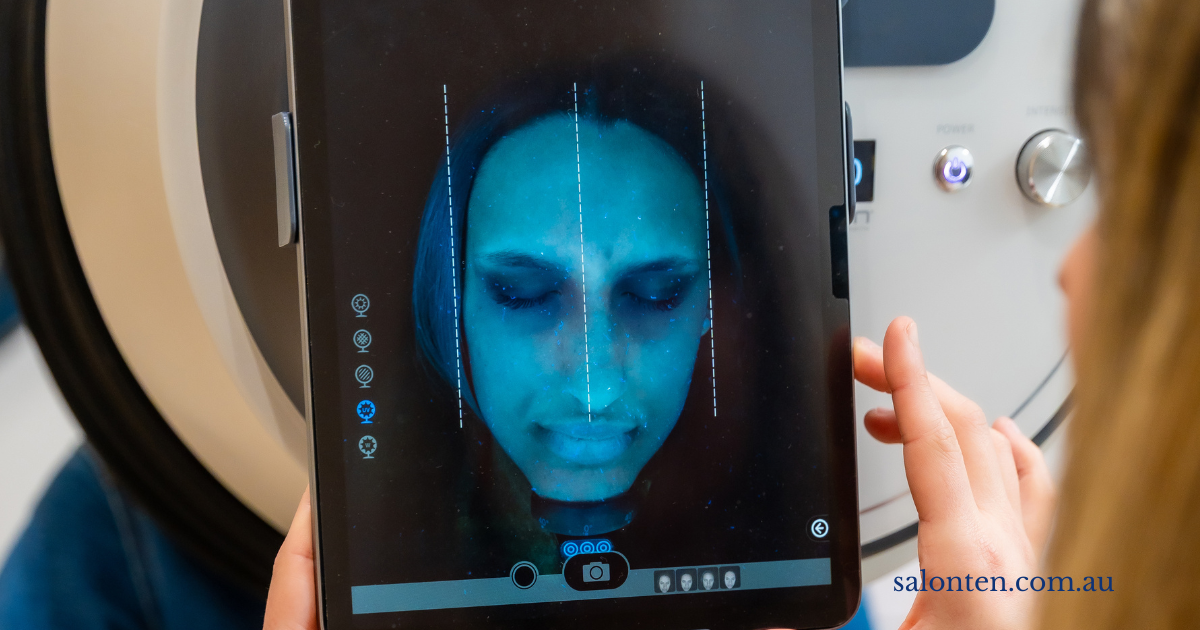 A client&rsquo;s skin analysis scan shown on a tablet during a skin consultation