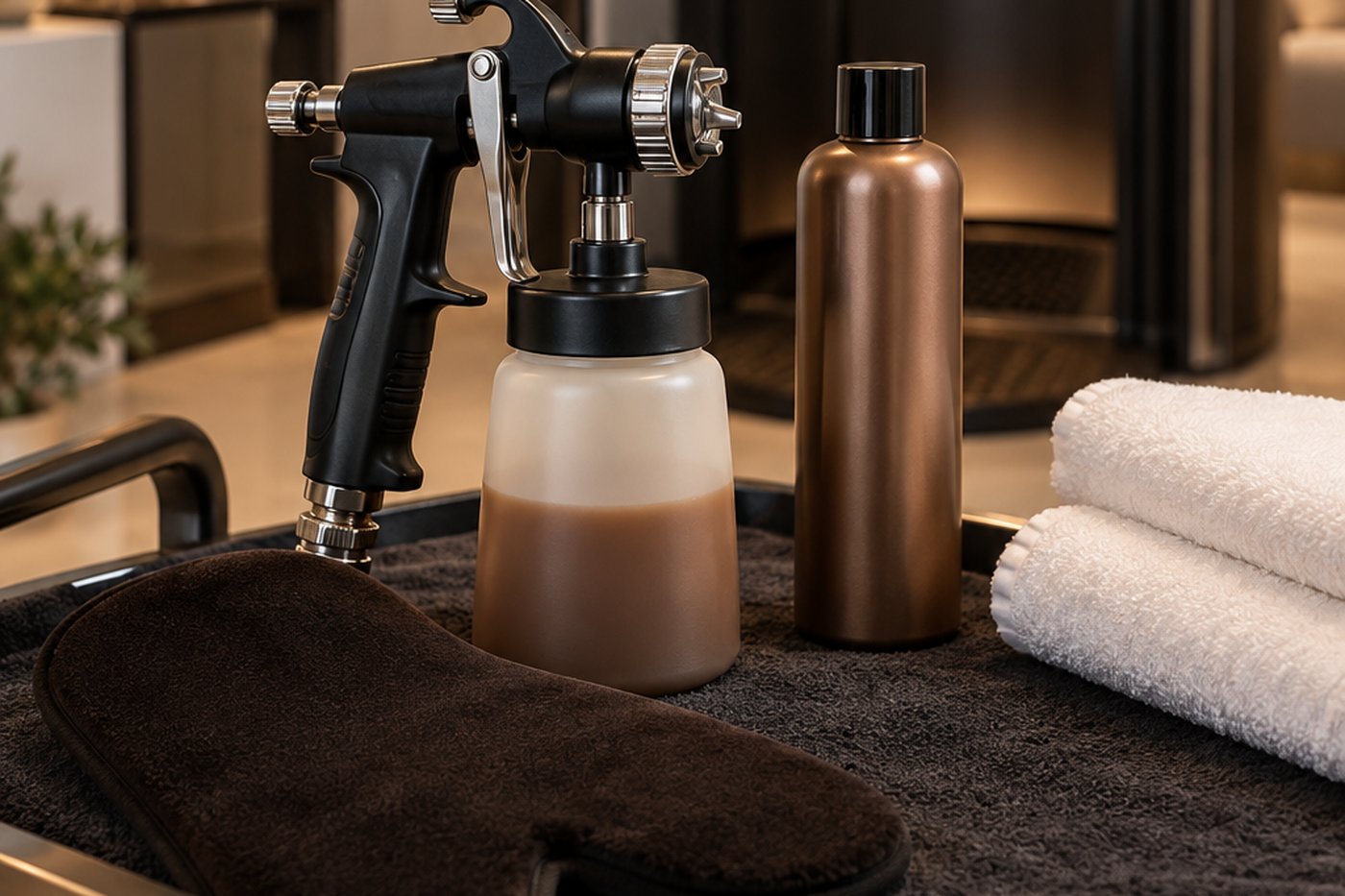 Spray tan equipment: spray gun, tanning solution, application mitt and towels (AI-generated illustrative image)